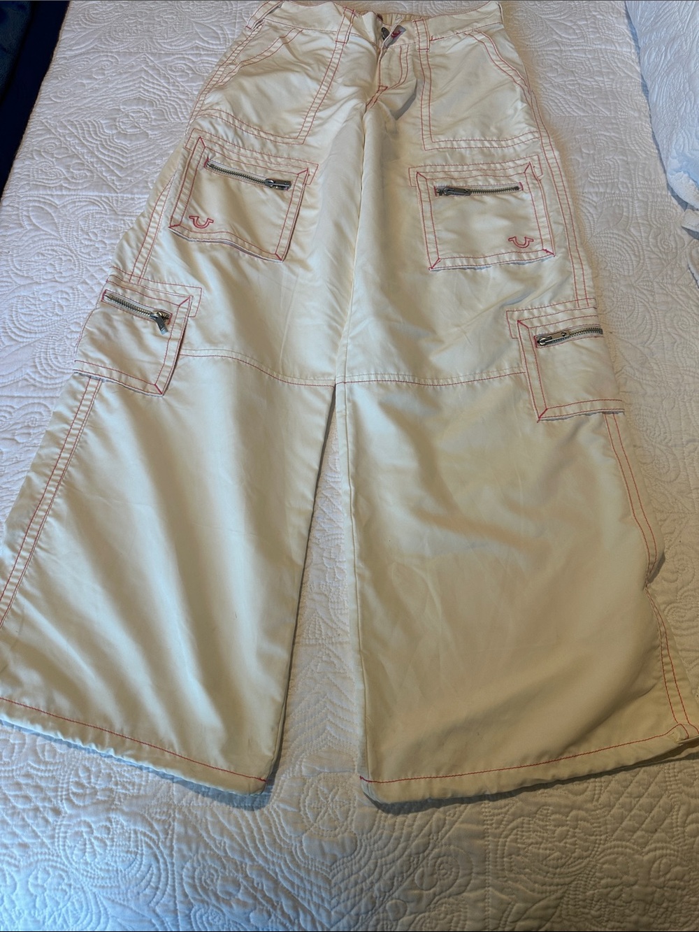 True Religion Cream Cargo Pants with Pink Stitching
